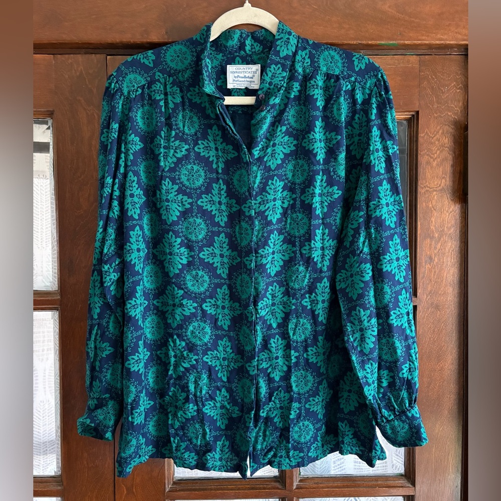 VTG Pendleton 70s 80s Navy Teal Damask Tile Floral Button-Front Shirt Secretary
